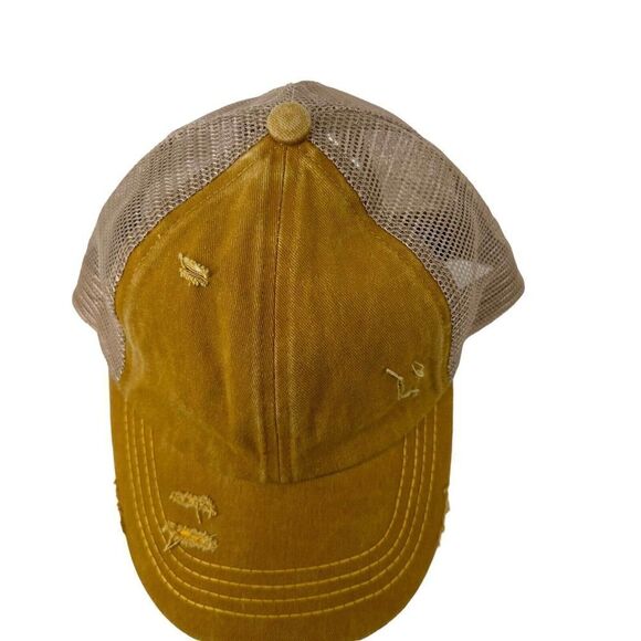 High Ponytail Baseball Cap CC Exclusives Marigold Yellow Distressed Womens OS - Picture 3 of 10